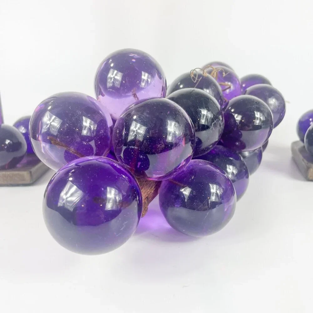 Purple Lucite Large Grapes On Burl Wood Candleholders Candles Console Set